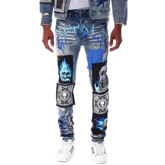 GFTD LA Other - GFTD LA Los Angeles Men's Skinny Fit Panel Patch Fire Skull Distressed Rip Jeans